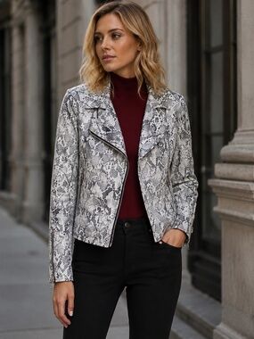 Sanctuary Grey Snakeskin‎ Asym Zip Moto Jacket Cropped Biker M